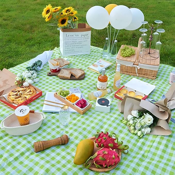 YU FENG Green Picnic Blanket Gingham Foldable Camping Blankets Waterproof Sandproof Outdoor Beach Mat Lightweight Handbag Spring Summer (60x80 inch)