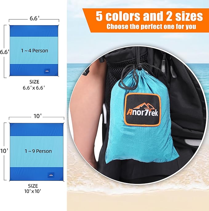 Beach Blanket Sandproof, Extra Large Beach Mat, Sand Free Mat Quick Drying, Lightweight, Soft & Durable Mat for Beach, Yard (Blue & Sky Blue, 10 x 10 FT (1~9 Person))