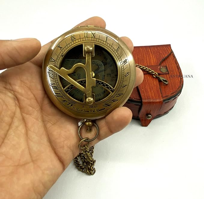 Brass Compass Unique Sundial Engraved Compass With Leather Case Antique Brass Compass With Chain A Great Gift Item For Your Loved Ones Hikers And Traveler By
