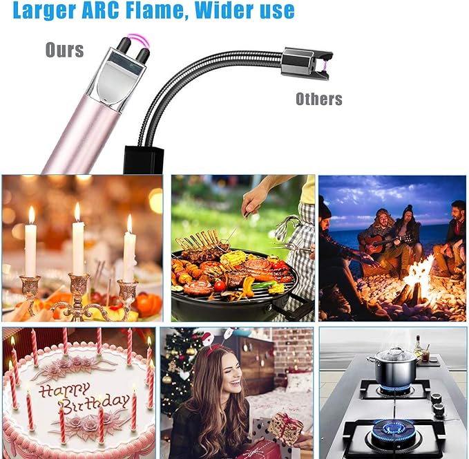Candle Lighter, Electric USB Rechargeable Lighter Arc Long Lighter Flameless Lighter with Safe Button for Candle BBQ Grill Fireworks Cooking(Blue & Rose Gold 2Pcs)