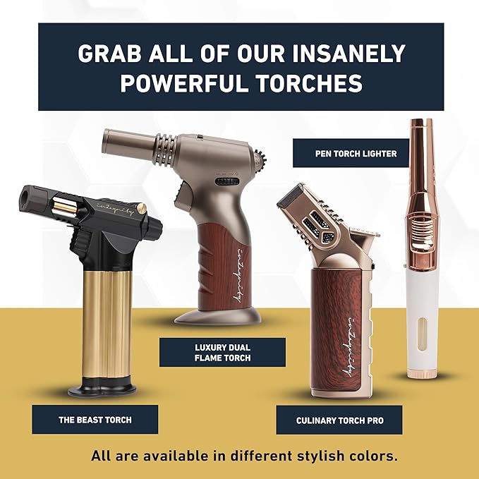 Pen Torch Lighter - Refillable Single Flame Butane Torch Lighter for Candle, & Cooking w/Adjustable Flame & Ignition Lock - Luxurious Handheld Camping Lighter & Gift Box by inZaynity - White & Gold
