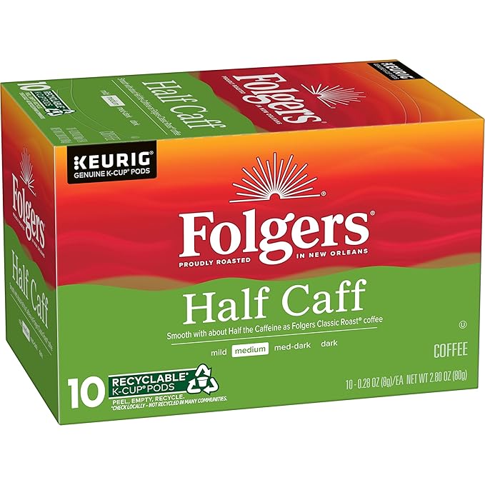 Folgers Half Caff Coffee, Medium Roast, Keurig K-Cup Pods, 10 Count (Pack of 6)