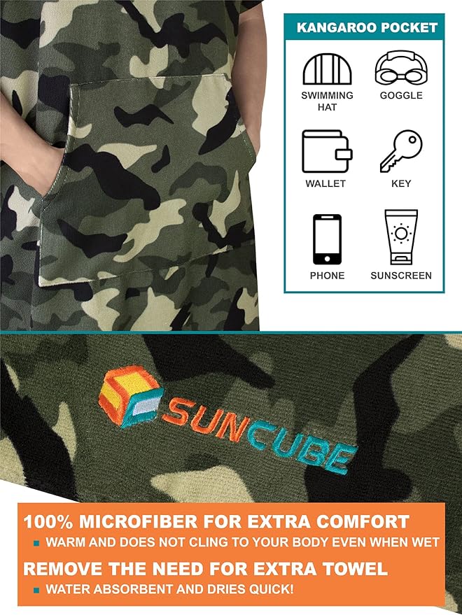 SUN CUBE Surf Poncho Changing Robe with Hood | Quick Dry Microfiber Wetsuit Changing Towel with Pocket for Surfing Men Women