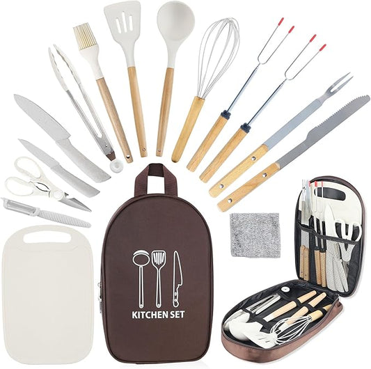 Camping Accessories Kitchen Cooking Utensils Set - Portable Outdoor Camp Cookware Set, Silicone Camper Essentials Gear Must Have Supplies for Travel RV BBQ Grill Picnic Hiking