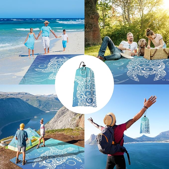 Beach Blanket, Large Waterproof Sandproof Beach Mat 78''×86'' 4 Adults, Lightweight Portable Sand Free Outdoor Beach Accessories with 4 Stakes for Picnic, Travel, Camping - Blue Gradient Sea Turtle