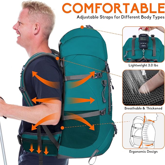 N NEVO RHINO Waterproof Hiking Backpack 50L/60L, Camping Backpack with Rain Cover, Hiking Travel Mountaineering Backpack