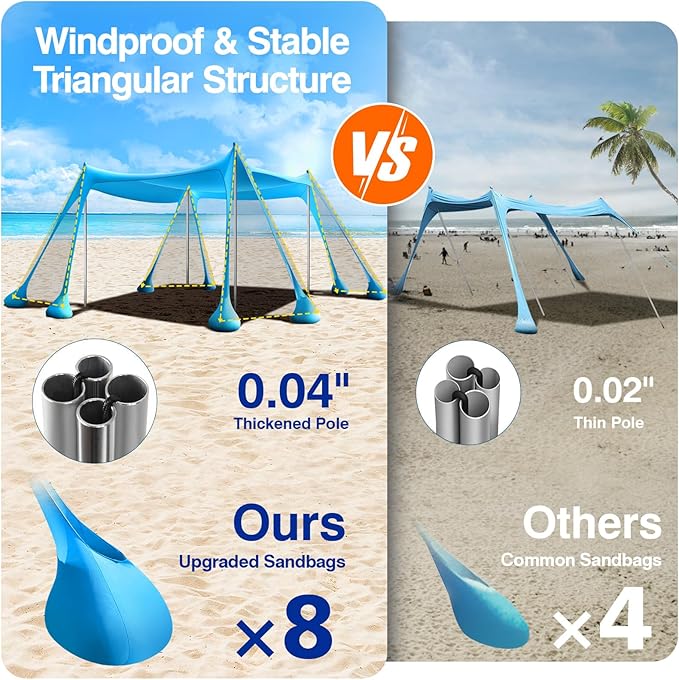 Rhino Valley Beach Tent Sun Shelter, Beach Canopy Tent Sun Shade UPF50+ Protection with 8 Sandbags 4 Stability Poles, Outdoor Beach Shade Canopy for Beach, Camping, Fishing