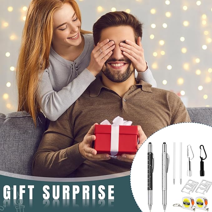 Whaline 10Pcs Multitool Pen Gift Set 2 LED Flashlight Keychain 2 Measuring Tape Keychain 2Pcs 6 in 1 Tool Pen 2 Black Pen Refill 2 Stainless Steel 11 in 1 Credit Card for Survival Camping Hunting