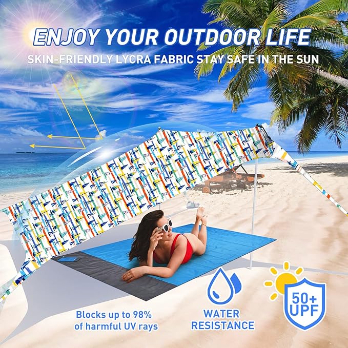 Beach Tent Pop Up Sun Shade Canopy Sun Shelter UPF50+ with 4 Stability Poles/Carry Bag/Ground Pegs/Sand Shovel/Windproof Ropes Portable Outdoor Family Sunshade for Beach Camping Fishing Picnic
