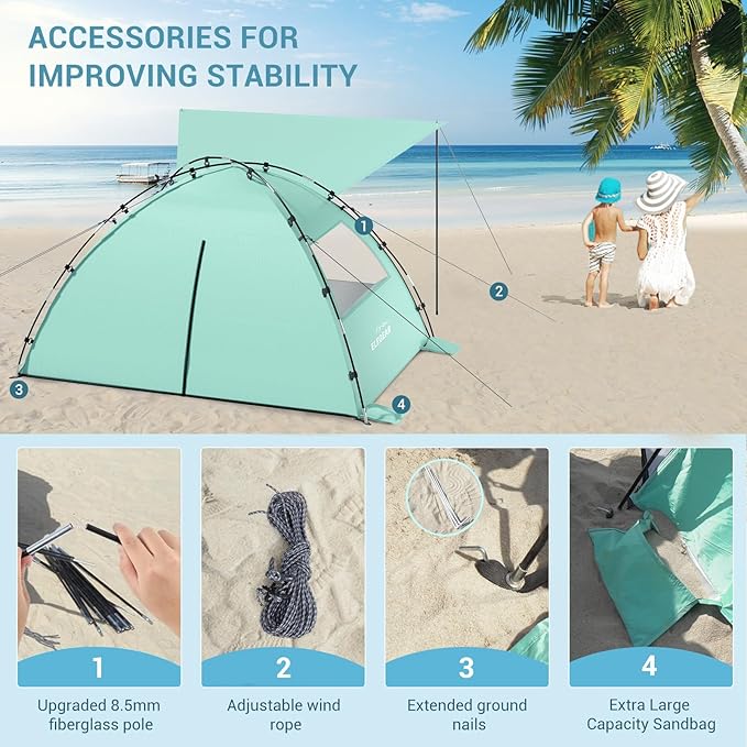 Elegear Beach Tent Sun Shelter with Canopy, 4-5 Person Pop Up Beach Tent, Easy Setup UPF 50+ UV Protection Portable Lightweight Double Silver Coating Cabana Sun Shade Shelter - Green