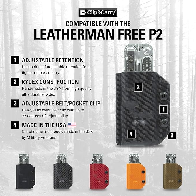Clip & Carry Kydex Multitool Sheath for LEATHERMAN Free P2 - Made in USA (Multi-Tool not Included) EDC Multi Tool Holder Holster Cover