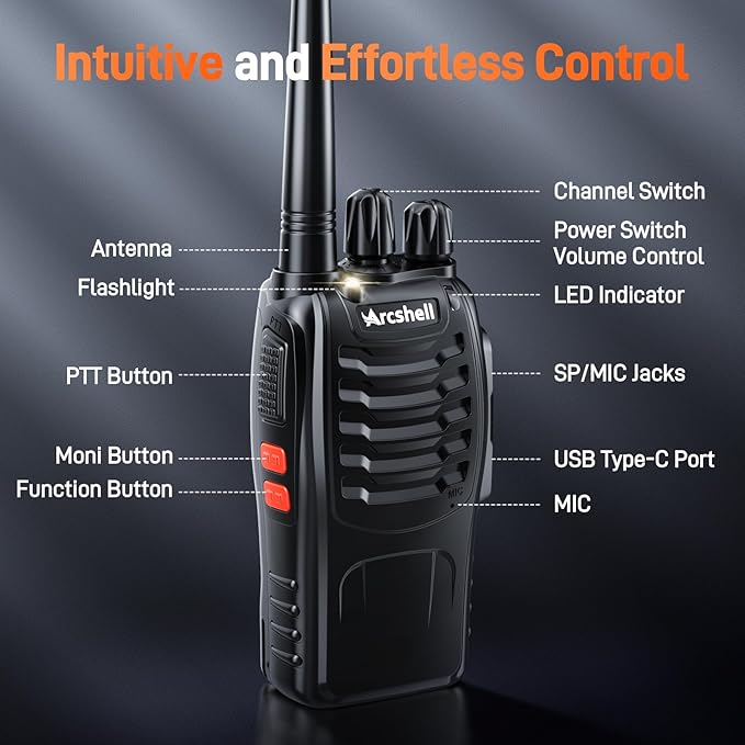 Rechargeable Long Range Two-Way Radios with Earpiece 5 Pack Arcshell AR-5 Walkie Talkies Li-ion Battery and Charger Included (5 Pack)