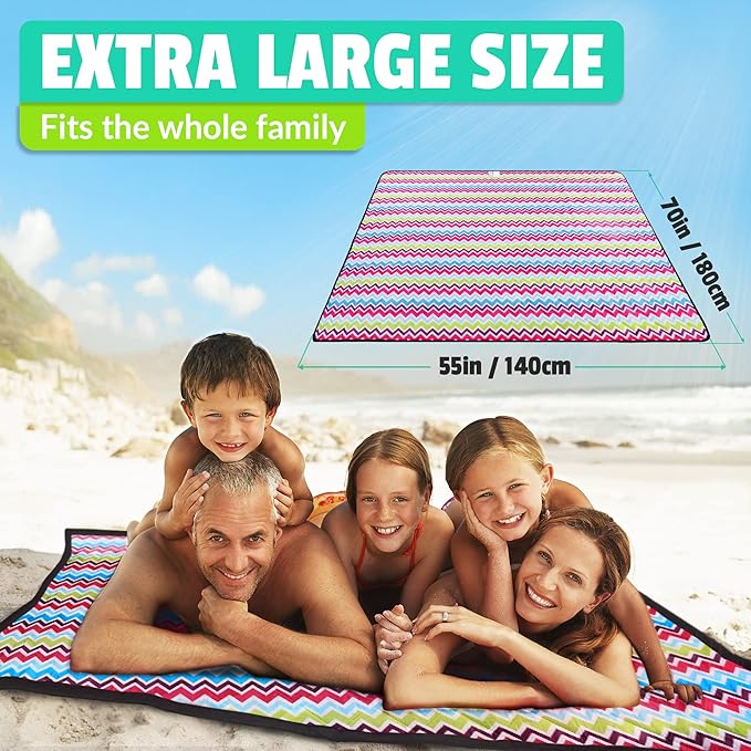 Beach Blanket Sand Proof & Outdoor Picnic Blanket - Water Resistant, Large Mat for Camping or Travel. Washable, Foldable, Easy Carry Compact Tote Bag (Wave Design)