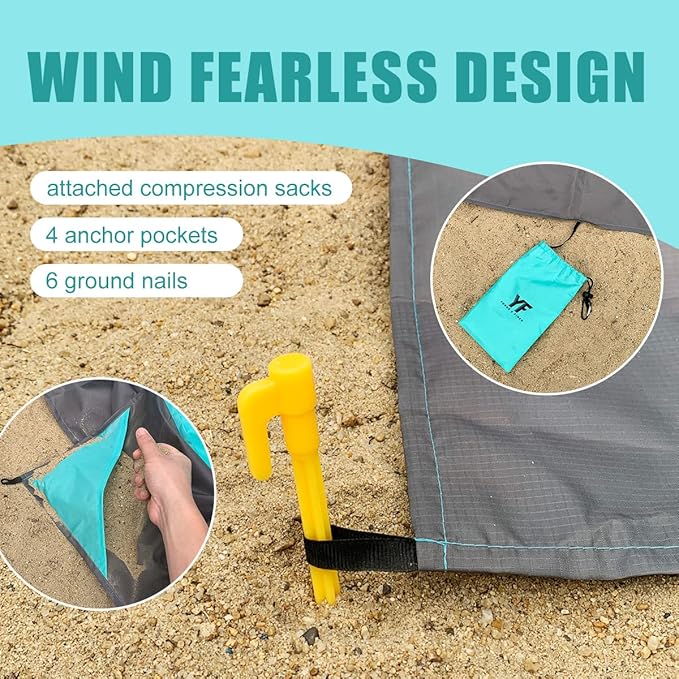 Yonge & Finch Large Beach Blanket Sandproof Heat-Resistent Beach Mat Machine Washable Camp Blanket Packable Pocket Blanket Waterproof Outdoor Blanket Fit 4-7 Persons 83 * 79inch Acid Blue