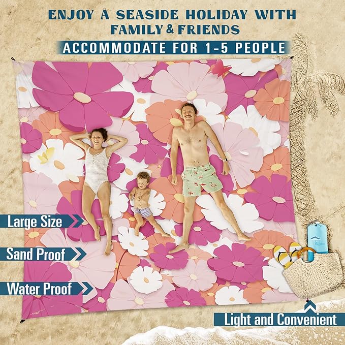Beach Blanket Sandproof Waterproof 78''×81'' 1-5 Adults Oversized,Compact Lightweight Durable Beach Mat for Travel Camping Hiking Picnic Blanket