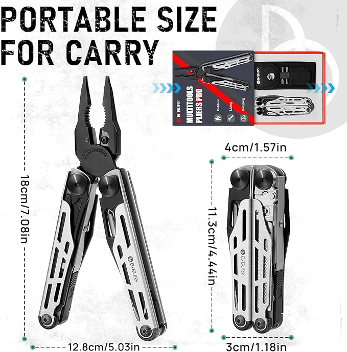 BIBURY Multitool Pliers Pro BI2045, Foldable Multitools with Replaceable Wire Cutters and Saw, Stainless Steel Multi Tool w/Upgraded Scissors and Screwdriver Set, Ideal for Camping, Fishing, Survival