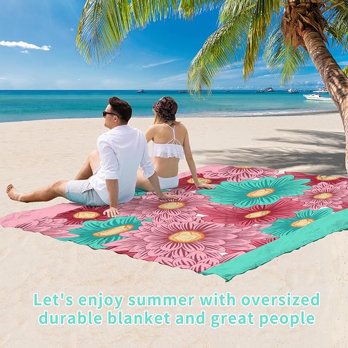 BYDOLL Beach Blanket Sandproof Waterproof 78''×81'' 1-4 Adults Floral Compact Lightweight Oversized Beach Blanket Large Picnic Mat Beach Blanket for Travel Camping Hiking Picnic