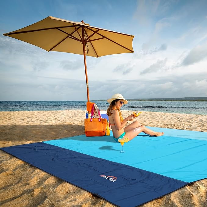 Beach Blanket Sandproof, Extra Large Beach Mat, Sand Free Mat Quick Drying, Lightweight, Soft & Durable Mat for Beach, Yard (Sky Blue & Blue & Dark Blue, 6.6 x 6.6 FT (1~4 Person))