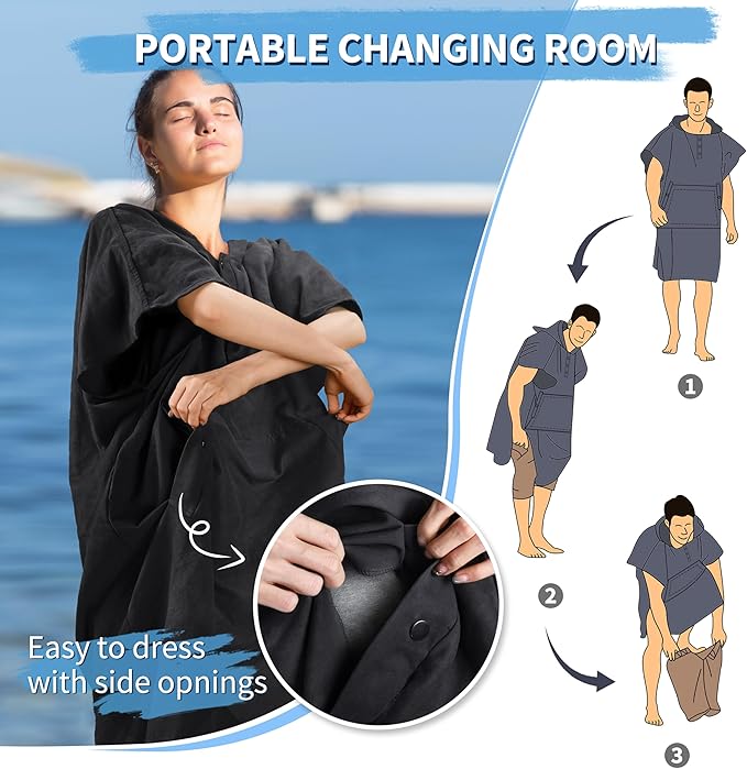 Tirrinia Hooded Surf Poncho Changing Towel Summer Swim Robe with Pocket, Quick Dry Towel Hoodie for Surfing Swimming Diving Men Women