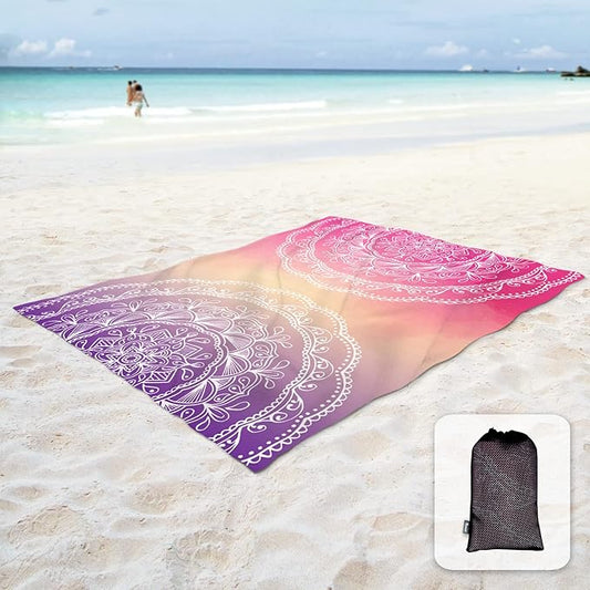 Sunlit Silky Soft 85"x72" Boho Sand Proof Beach Blanket Sand Proof Mat with Corner Pockets and Mesh Bag for Beach Party, Travel, Camping and Outdoor Music Festival, Purple and Red Mandala