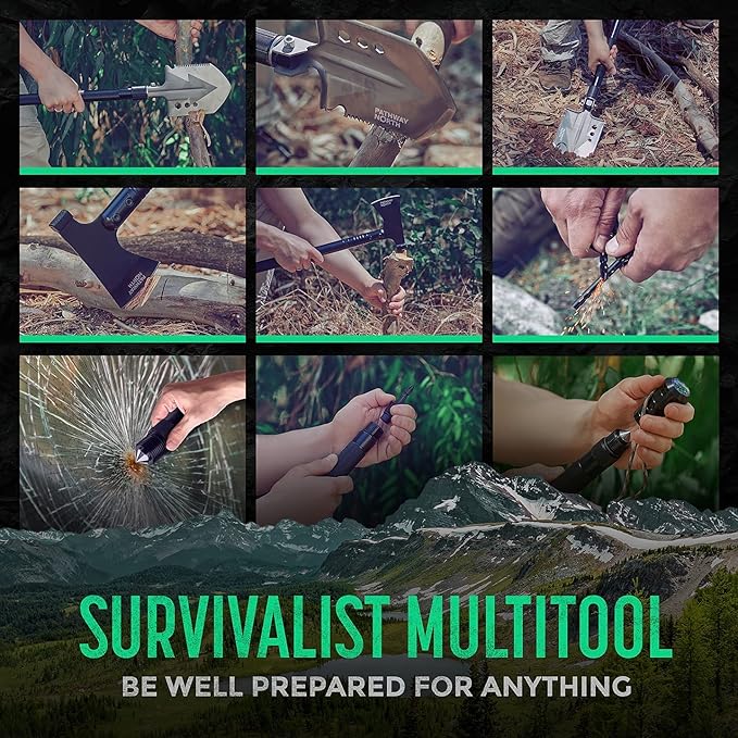 Survival Shovel and Camping Axe โ Stainless Steel Tactical, Survival Multi-Tool and Survival Hatchet Equipment for Outdoor Hiking Camping Gear, Hunting, Backpacking Emergency Kit(Black)