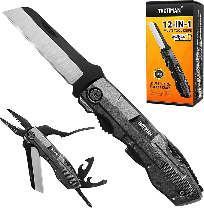Gifts for Men Dad Him, Camping Survival Hiking Knife 12-in-1 Multitool Electrician Knife 5-Size Wire Stripper 9-Pack Screwdrivers, Mens Gifts for Fathers Day Christmas Birthday Valentines Day