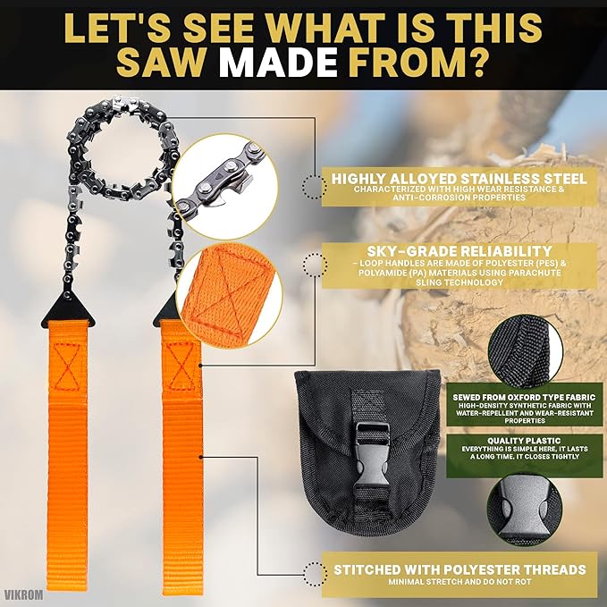 Pocket Chainsaw Rope Saw – 25" Hand Chain Saw for Tree Cutting Pocket Saw Chain Camping Saws - Mini Hand Saw for Wood Cutting Saw Rope Chain Saws for Trees Cutting Saw Camping Survival Gear Wire Saw