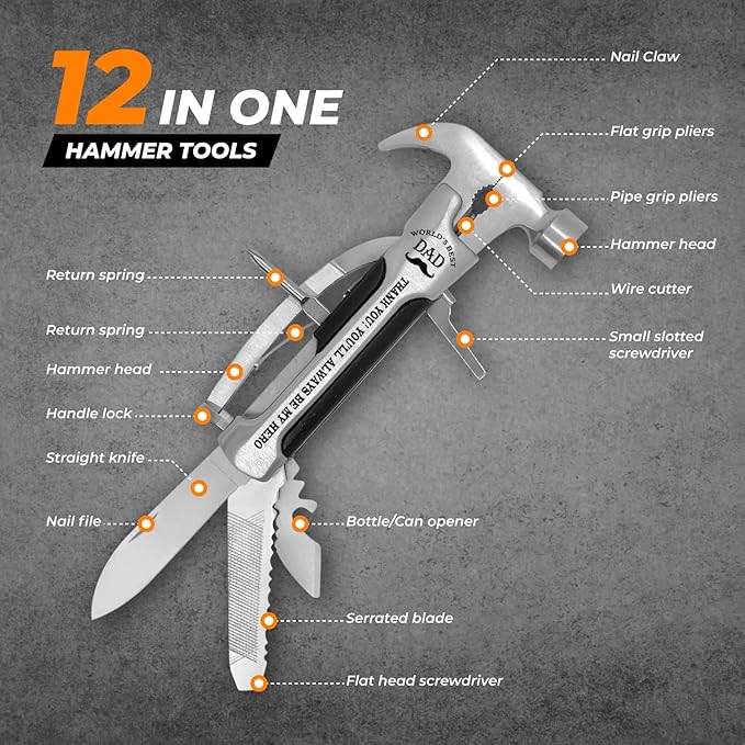 Gadget Gift for Dad - All in one Stainless Steel Hammer Multitool with case and clip. Great Gadgets for mens stocking stuffer for home or car
