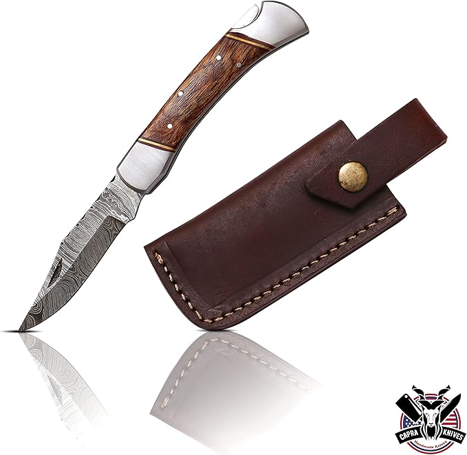 Capra Knives CK-43 Handcrafted Folding Pocket Knife 5” Folded, 9” Long Overall, 8oz Mohagni Wood Handle, Damascus Blade with Leather Sheath