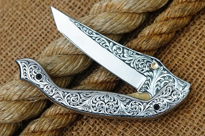 GLADIUS CRAFTS" Exquisite 9-inch Hand-Crafted Folding Knife - 3.5-inch D2 Steel Blade with 4.5-inch Hand-Engraved Stainless Steel Handle - Ideal for Collection, EDC Tool, or any other Practical Use - An Exceptional Gift