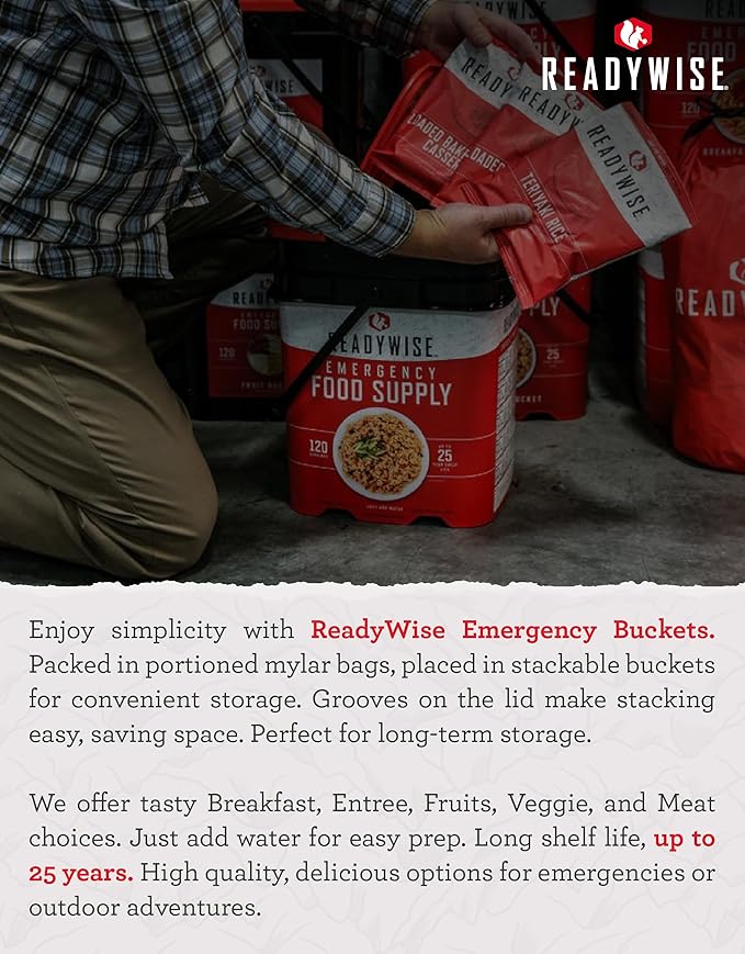 READYWISE - Breakfast Bucket, 120 Servings, Emergency, MRE Meal, Food Supply, Premade, Freeze Dried Survival Food for Hiking, Adventure & Camping Essentials, Individually Packaged, 25 Year Shelf Life