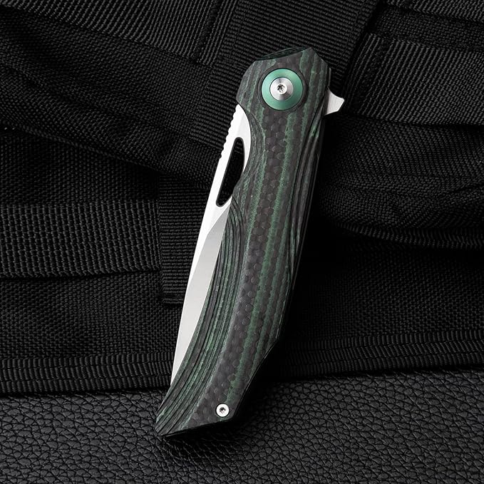 BESTECH KNIVES Pocket Folder Folding Knife: 3.54" 154CM Steel Satin Blade, Carbon Fiber and G10 Scales, Flipper, Liner Lock, EDC Titanium Clip, BL01C (Black Green)