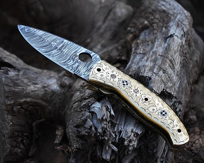SHINY CRAFTS -Damascus Pocket Knife Knives For Men OTF Knife Survival Knife- Folding Knives - Everyday Carry - PlainEdge - Leather Sheath (FK 30)