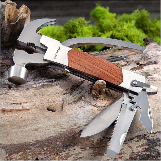 Sheffield 12913 Premium 14-in-1 Hammer Multi Tool, Multipurpose Tool for the Home, Camping Equipment, and Work, Hammer, Pliers, Survival Knife, & More