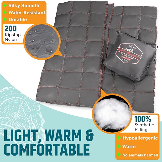 Puffy Camping Blanket Packable Vegan (Down Alternative) Compact Lightweight XL Blankets for Outdoor Cold Weather Backpacking Hiking Travel Stadium - Water-Resistant