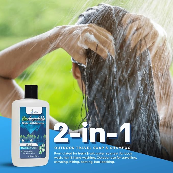 Biodegradable Camping Companion - Organic Fragrance-Free Body Wash and Shampoo for Fresh & Salt Water, Travel Size, Forumalted for Nature