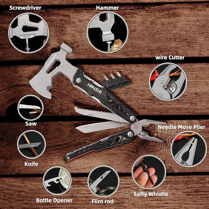 Camping Axe Multitool with YG10 Tungsten Steel Replaceable Wire Cutters for Gift,17 in 1 Multi Tool with Spring-Action Pliers,Knife,Screwdriver,Flint Rob,Safty Whistle with Nylon Sheath (Black)