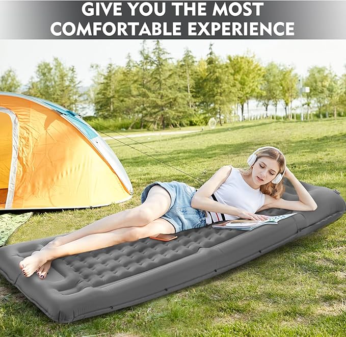 Camping Sleeping Pads,Extra Thick 5 Inch Inflatable Sleeping Mat with Pillow Built-in Pump,Oversized Mattress Super Portable Backpacking Sleeping Pad (Grey-Single)