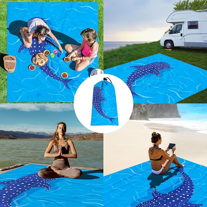 Blue Whale Beach Blanket Waterproof Sandproof, Large Beach Mat Sand Free for 2-4 Adults, Lightweight Outdoor Picnic Blanket for Travel, Camping, Hiking, Beach Essentials Accessories for Vacation