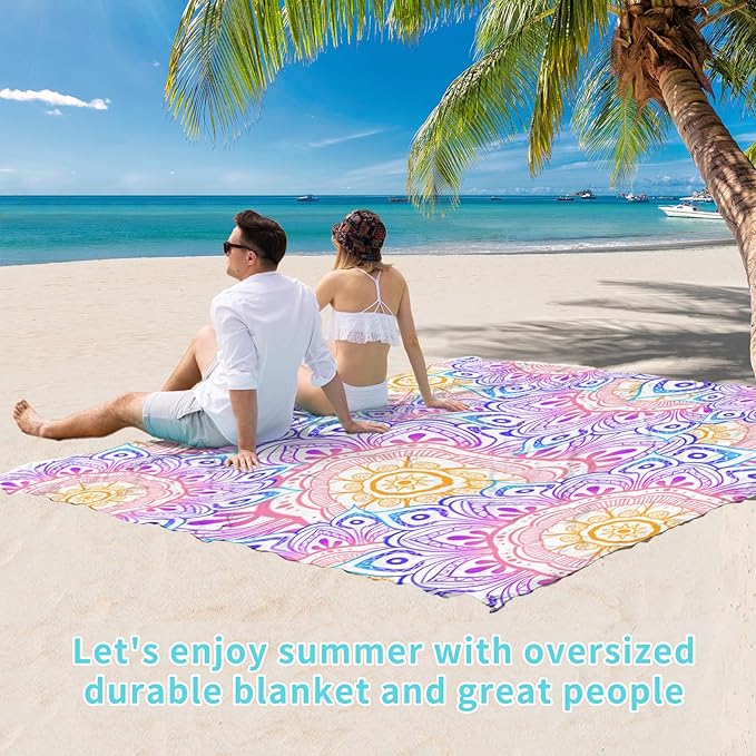 BYDOLL Beach Blanket Waterproof Sandproof 78''×110'' 1-7 Adults Oversized Lightweight Waterproof Sandproof Blanket Large Mat Beach Blanket for Beach Travel Camping Hiking Picnic