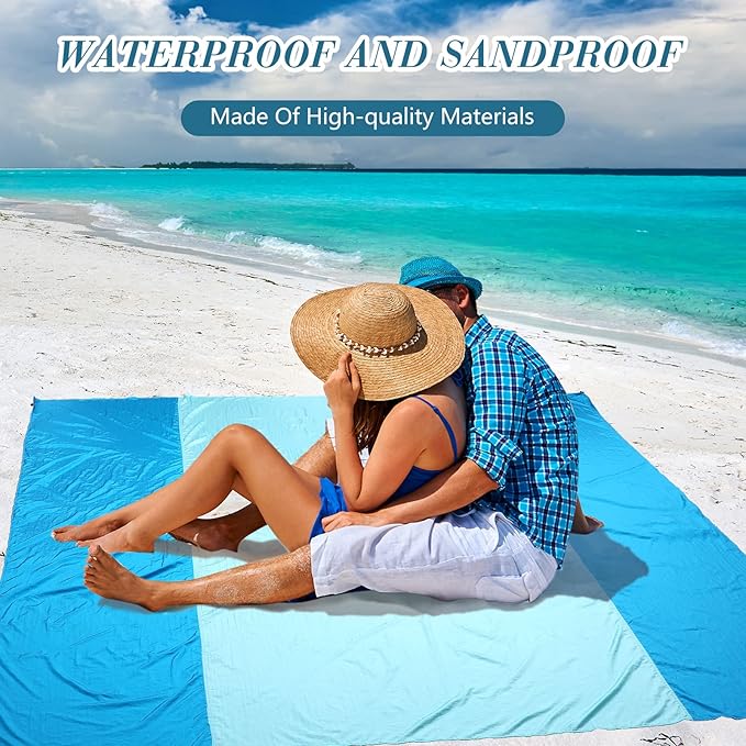 Batiyeer 4 Pcs Beach Blanket Sandproof Extra Large Beach Mat Anti Sand Waterproof Picnic Blanket Lightweight with 16 Stakes for Travel Camping Hiking Picnic (Lake Blue Dark Blue, 120 x 107 Inch)