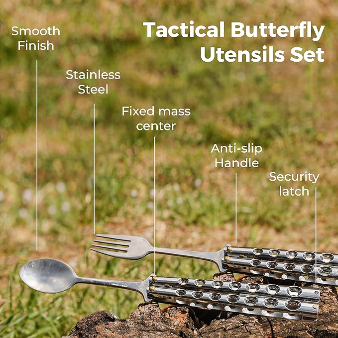 Caliber Gourmet Tactical Stainless Steel Folding Butterfly Knife Style Utensil, Fork, Spoon, Bottle Opener, Camping Hiking Kitchen BBQ Grill Picnic Flatware Utensil (Fork + Spoon), Christmas Gift