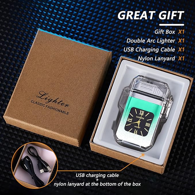 SKRFIRE Outdoor Windproof Lighter Electric Double Arc Lighter Plasma Lighter Rechargeable Lighter Fashionable and Cool Lighter Waterproof Transparent Lighter(Green and White Gradient)
