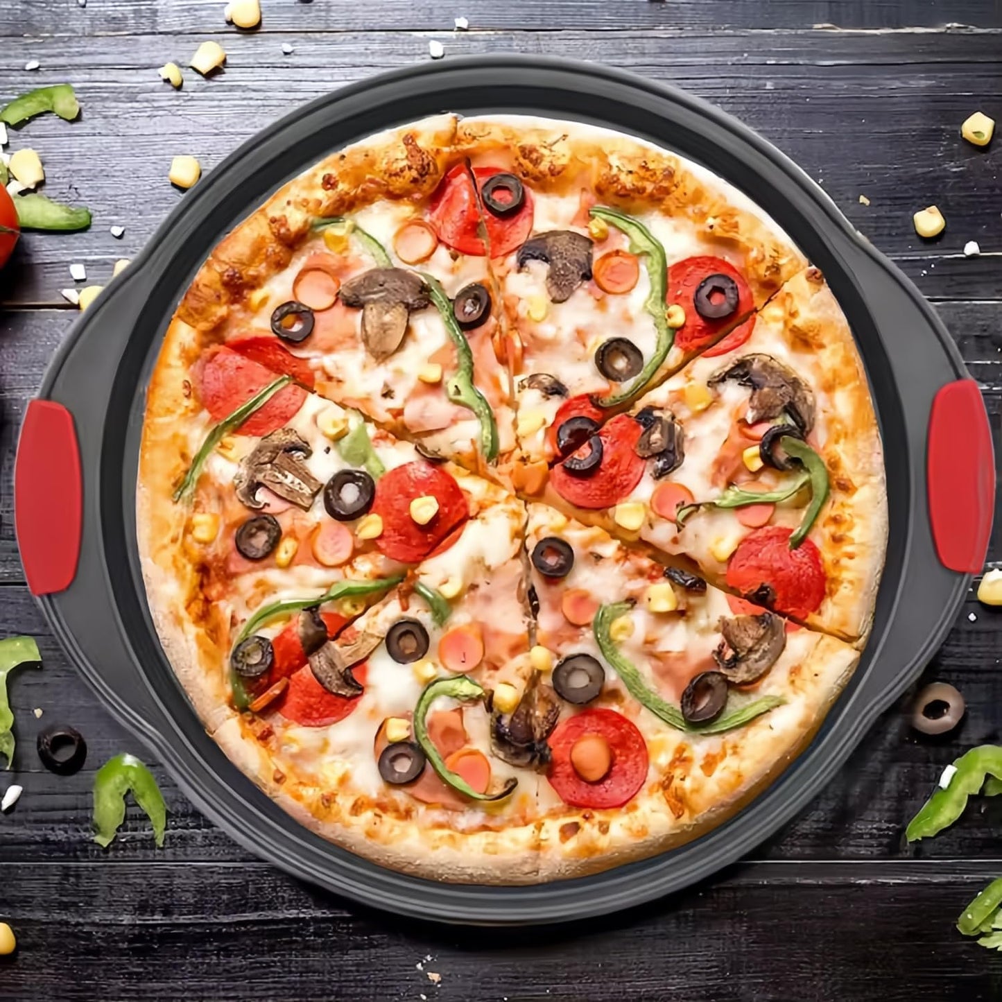 13 Inch Pizza Pan for Oven (2 Pack) Round Pizza Pan with Holes - Non-Stick Carbon Steel Pizza Tray with Silicone Handles - for Cooking, Baking, and Grilling - Dishwasher Safe