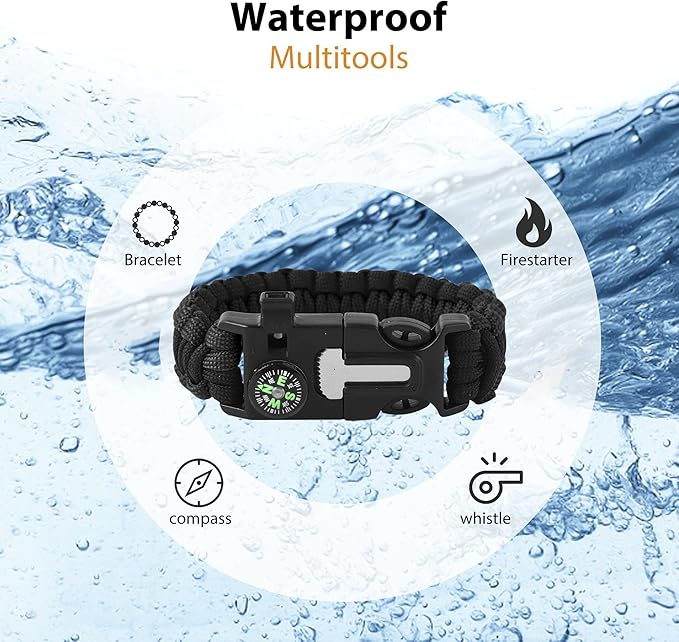 Bracelets,Survival Bracelets for Men Paracord Tactical 5-in-1 Camping Gear Kits,with 12-ft Detachable Parachute Rope,Fire Starter,Embedded Compass,Whistle&Emergency Multitools