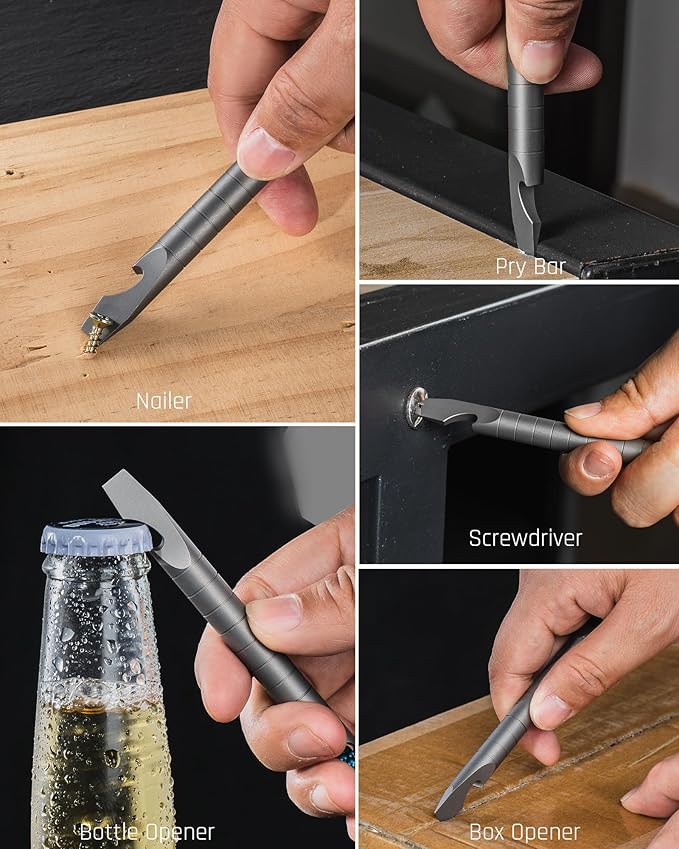 TISUR Titanium EDC Pry Bar, Keychain Prybar Multitool With Bottle Opener, 6 in 1 Portable Pocket Mini Crowbar Tool (Grey)