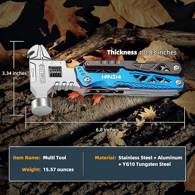 Upgraded Adjustable Wrench Multitool Hammer with YG10 Tungsten Steel Replaceable Wire Cutters for Men,18 in 1 Pocket Multi Tool Knife with Spring-Action Pliers for Camping,Survival (Blue)