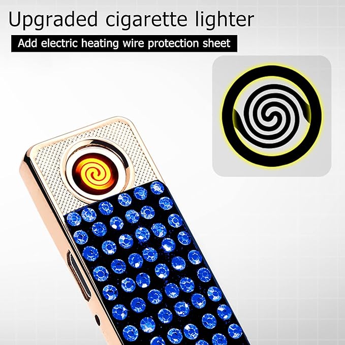 Rhinestone Lighter Electric Lighter Rechargeable Bling Glitter USB Lighter Flameless Girls Lighter for Women (Blue)