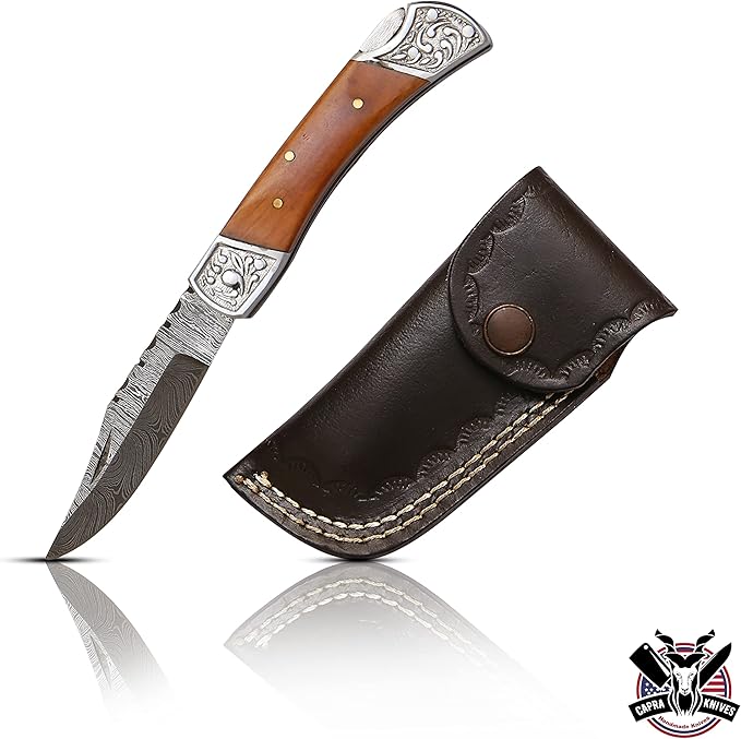 Capra Knives CK-52 Handcrafted Folding Engraved Brass Pocket Knife 4” Folded, 7.25” Long Overall, 4.5oz Olive Wood Handle, Damascus Blade with Leather Sheath