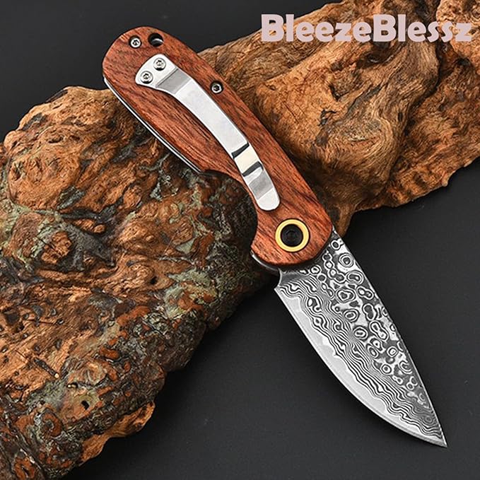 EDC Folding Pocket Knife, Men's and Women's Mini Pocket Knife, 6.1" Damascus Knife, Wood Handle, Sharp Camping Hiking Knife